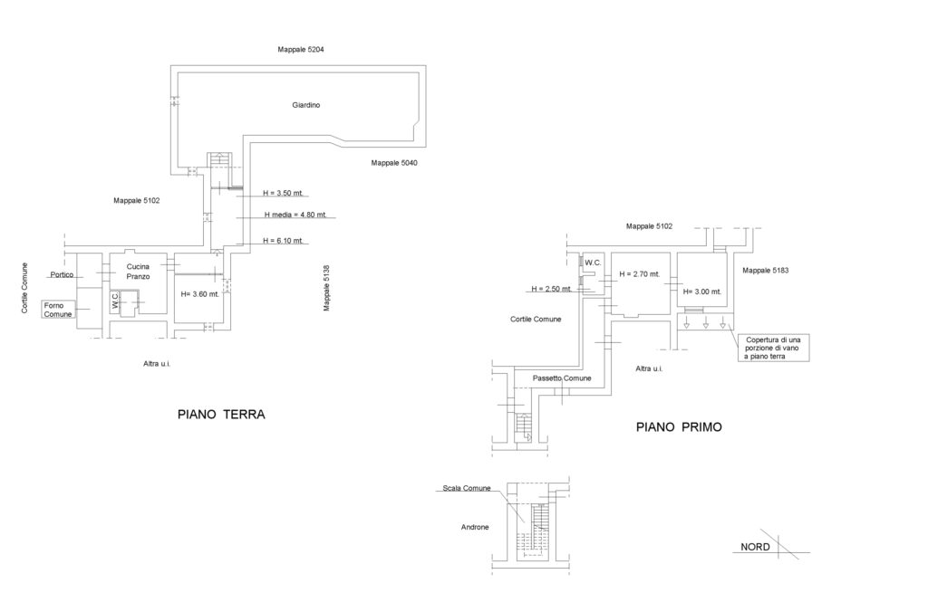 Floor plan of the townhouse in Briano, Caserta, showing the layout of the two main floors and private garden.